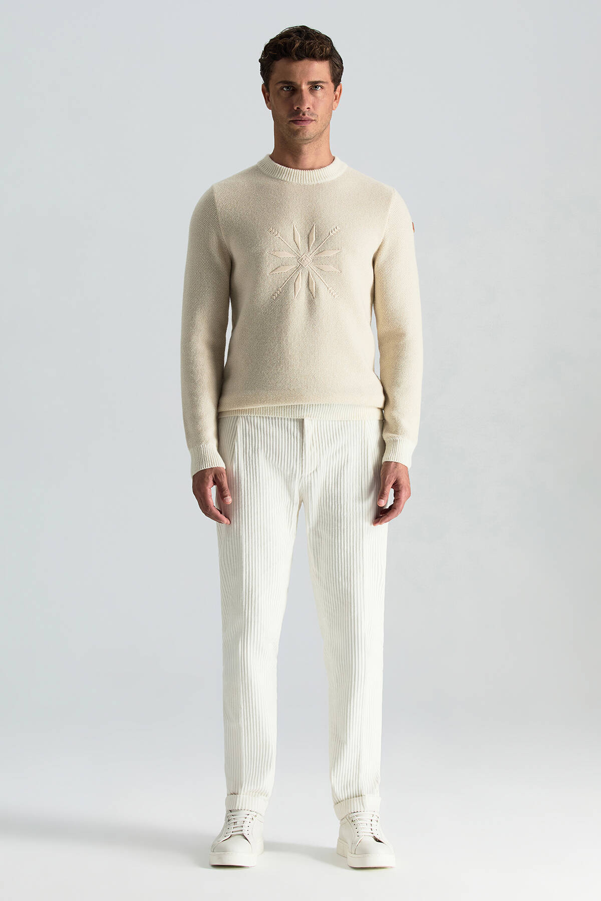 Kaşmir Yün Karışım Kar Desenli Bisiklet Yaka Ekru Kazak