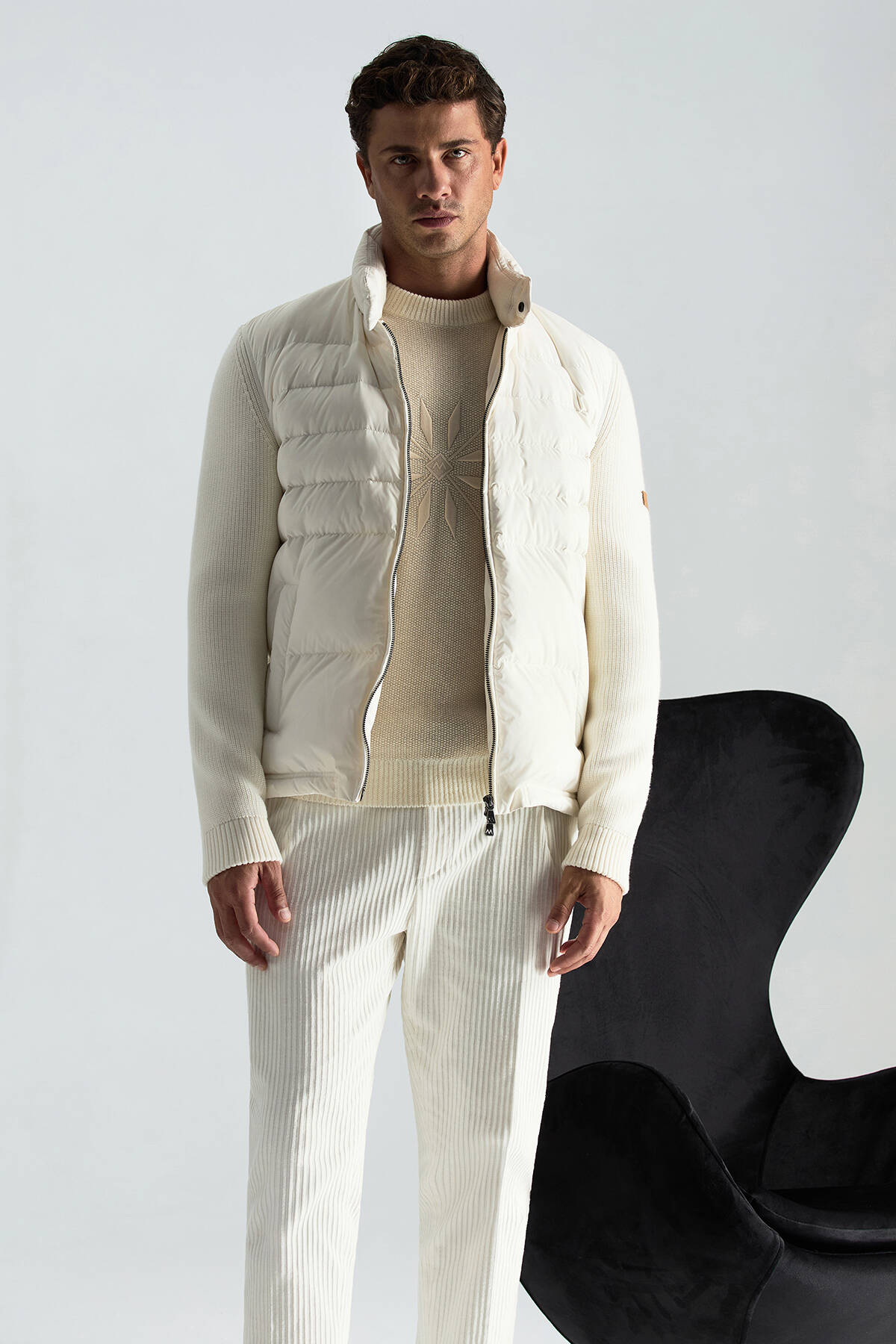 Kaşmir Yün Karışım Kar Desenli Bisiklet Yaka Ekru Kazak