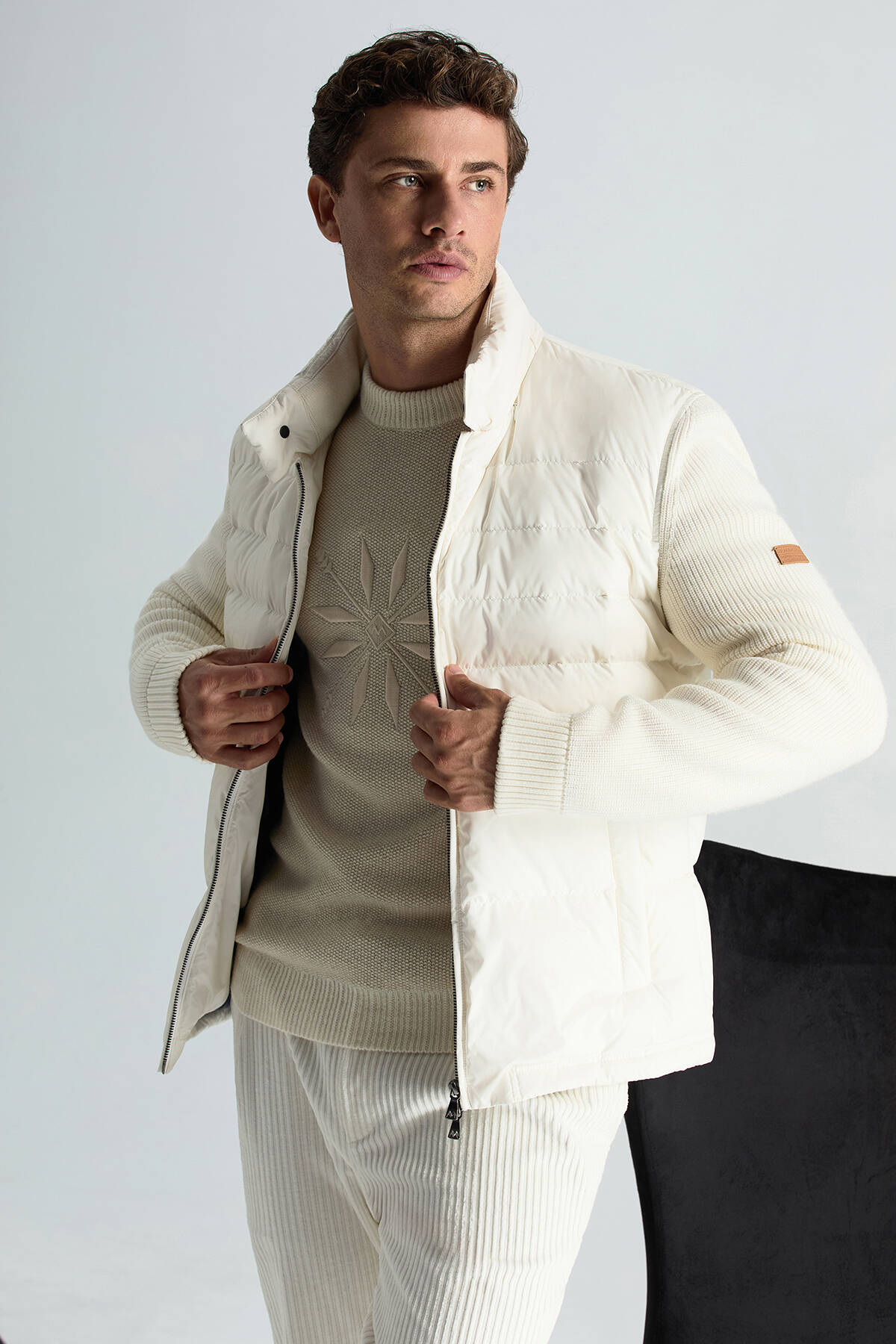 Kaşmir Yün Karışım Kar Desenli Bisiklet Yaka Ekru Kazak