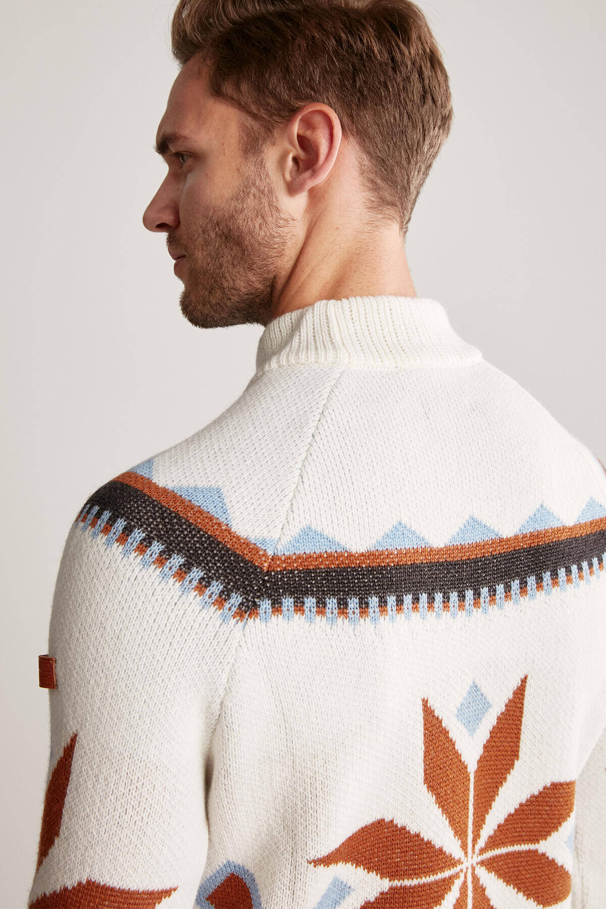 Kaşmir Yün Karışım Lupetto Yaka Kar Desen Ekru Kazak