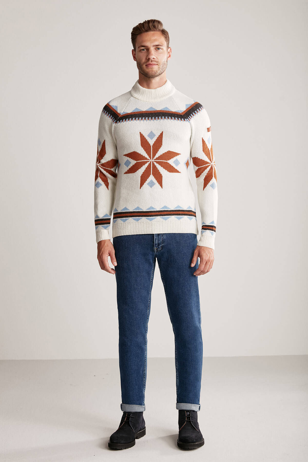 Kaşmir Yün Karışım Lupetto Yaka Kar Desen Ekru Kazak