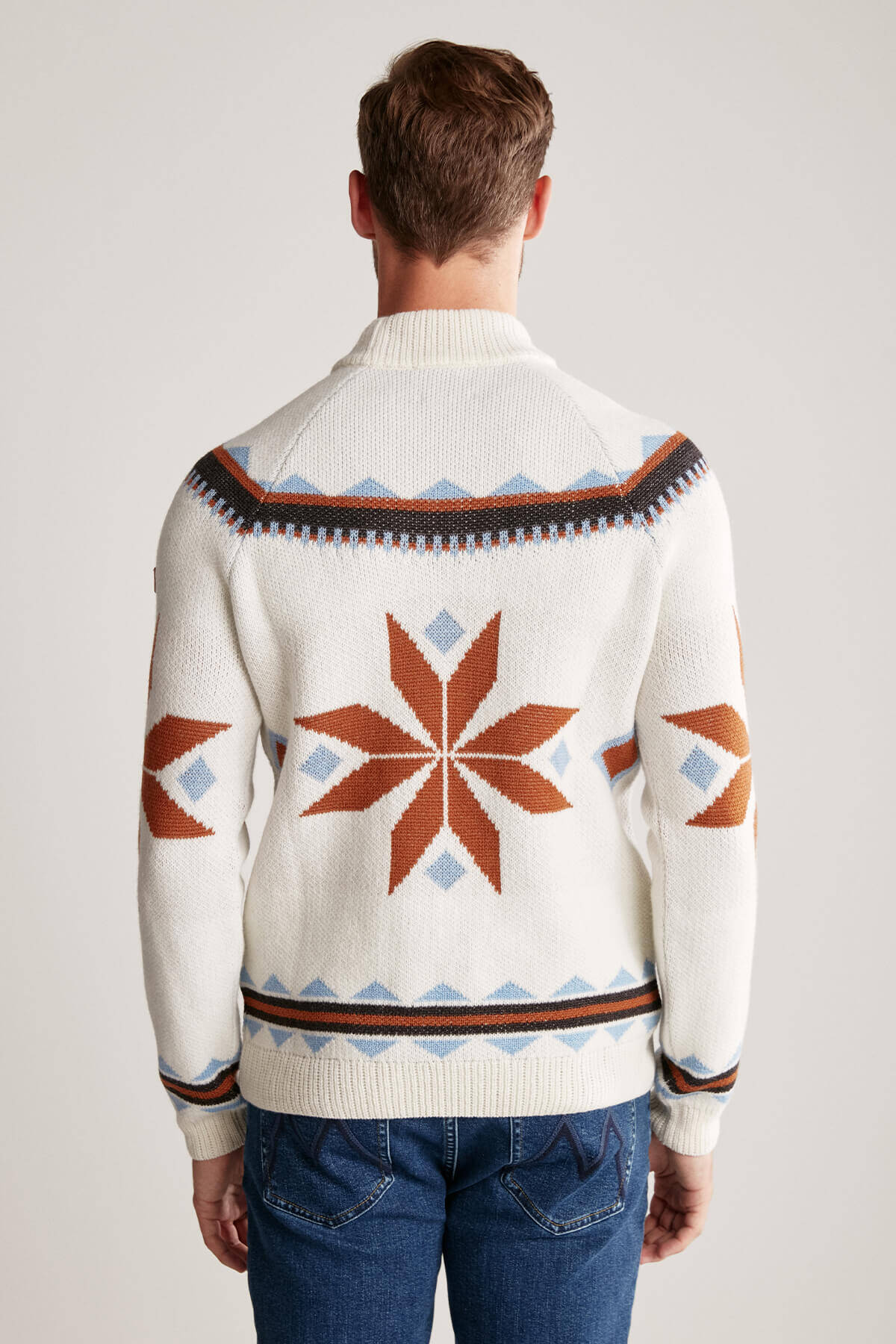 Kaşmir Yün Karışım Lupetto Yaka Kar Desen Ekru Kazak