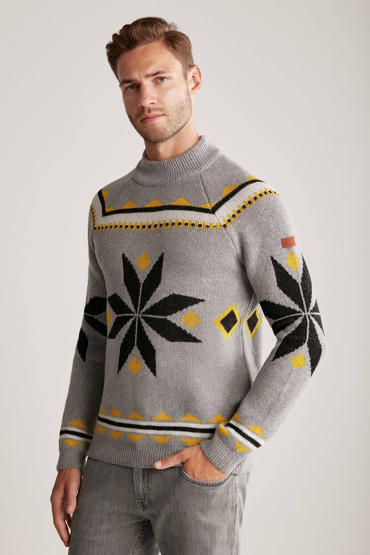 Kaşmir Yün Karışım Lupetto Yaka Kar Desen Gri Kazak