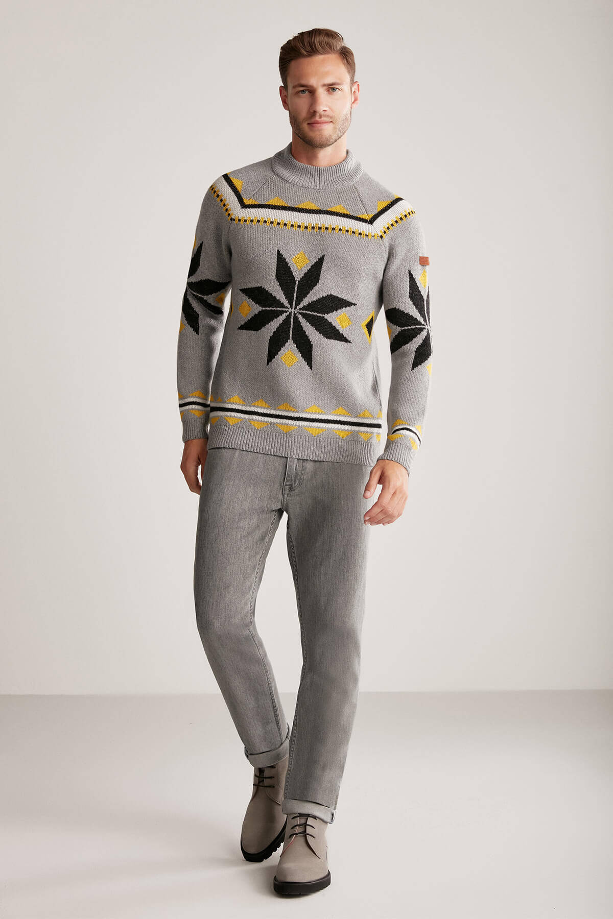 Kaşmir Yün Karışım Lupetto Yaka Kar Desen Gri Kazak