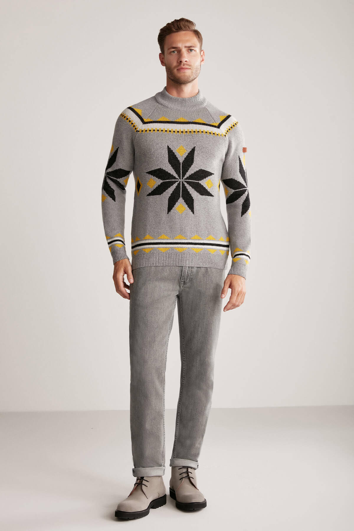 Kaşmir Yün Karışım Lupetto Yaka Kar Desen Gri Kazak