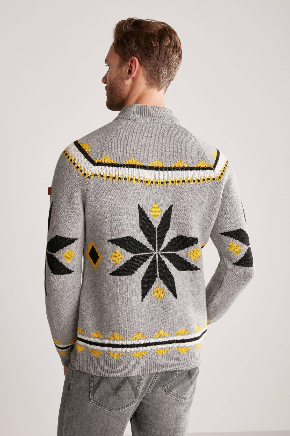 Kaşmir Yün Karışım Lupetto Yaka Kar Desen Gri Kazak