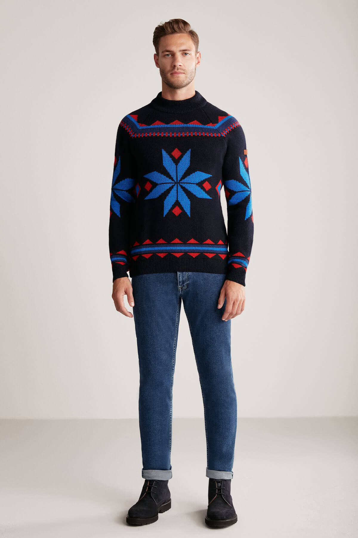 Kaşmir Yün Karışım Lupetto Yaka Kar Desen Lacivert Kazak