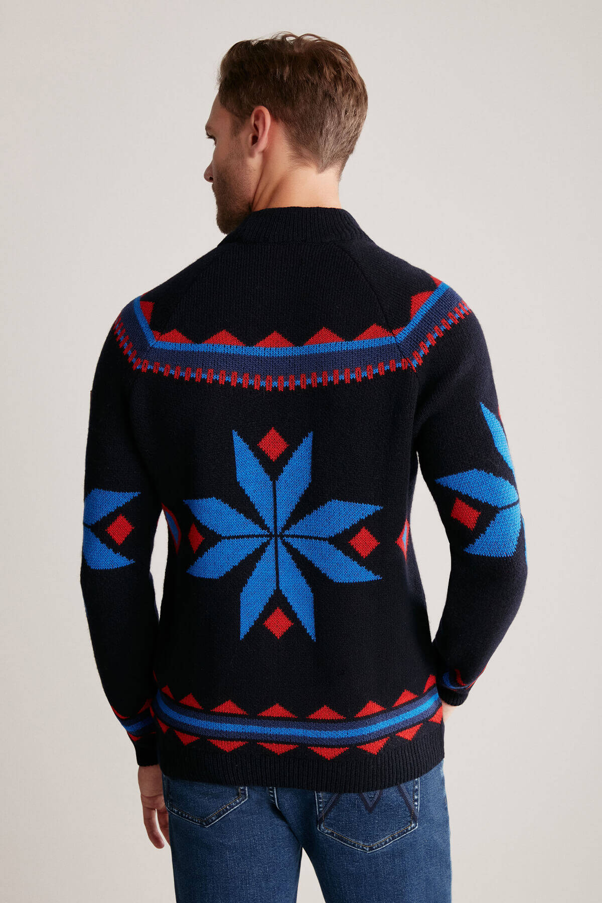 Kaşmir Yün Karışım Lupetto Yaka Kar Desen Lacivert Kazak