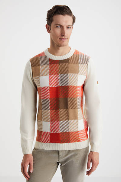 Kaşmir Merino Yün Karışım Tartan Desen Ekru Turuncu Kazak