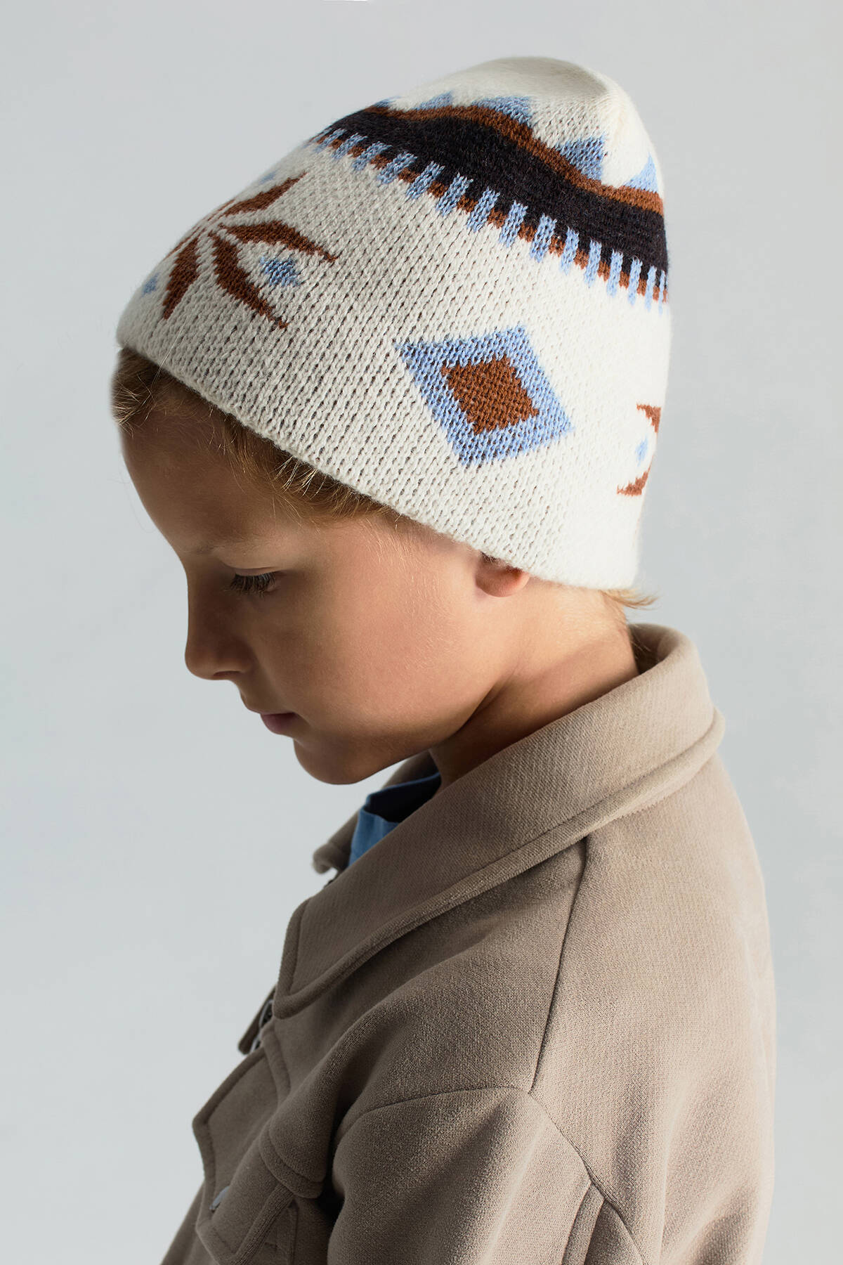 Kaşmir Yün Karışım Kar Desen Ekru Çocuk Bere