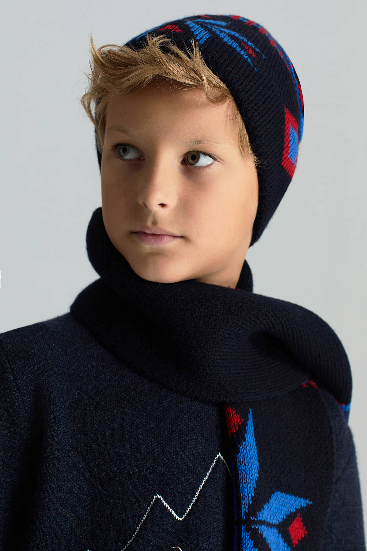 Kaşmir Yün Karışım Kar Desen Lacivert Çocuk Bere