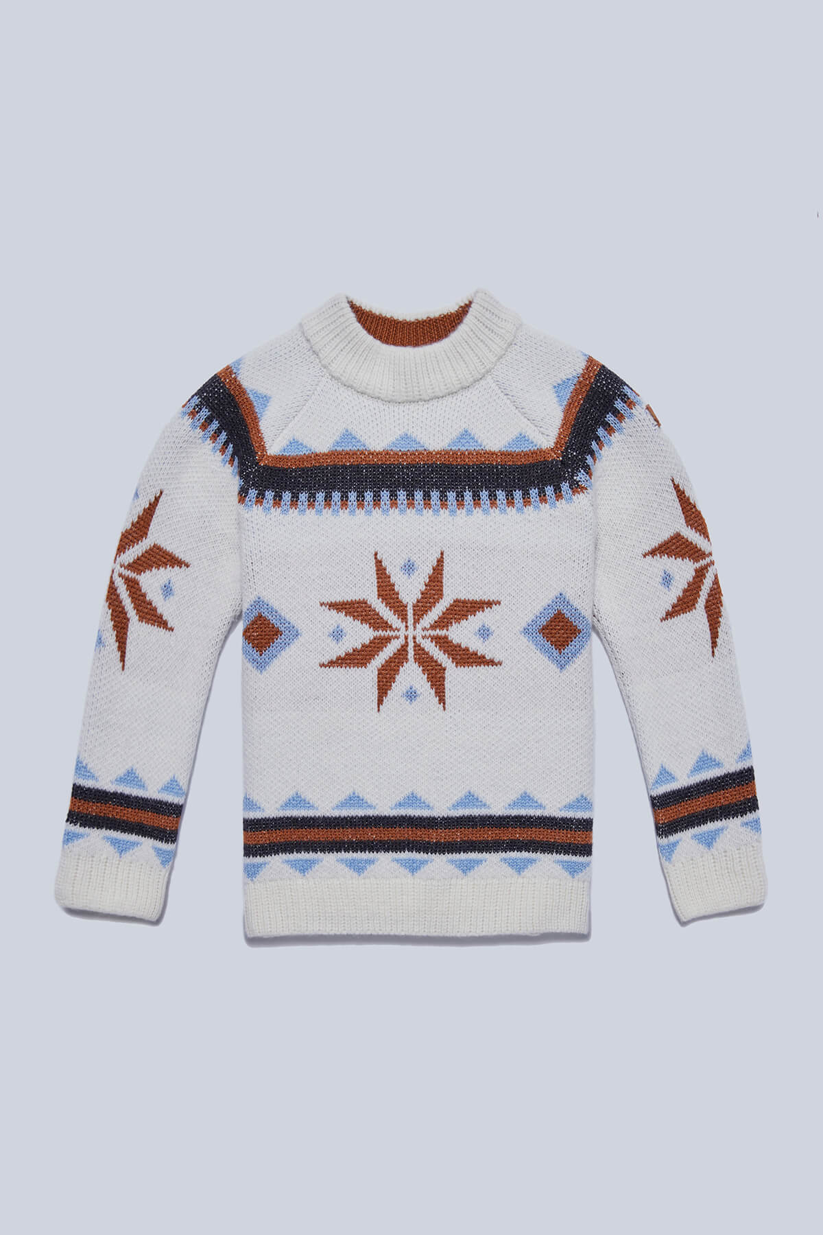 Kaşmir Yün Karışım Yarım Balıkçı Kar Desen Ekru Çocuk Kazak