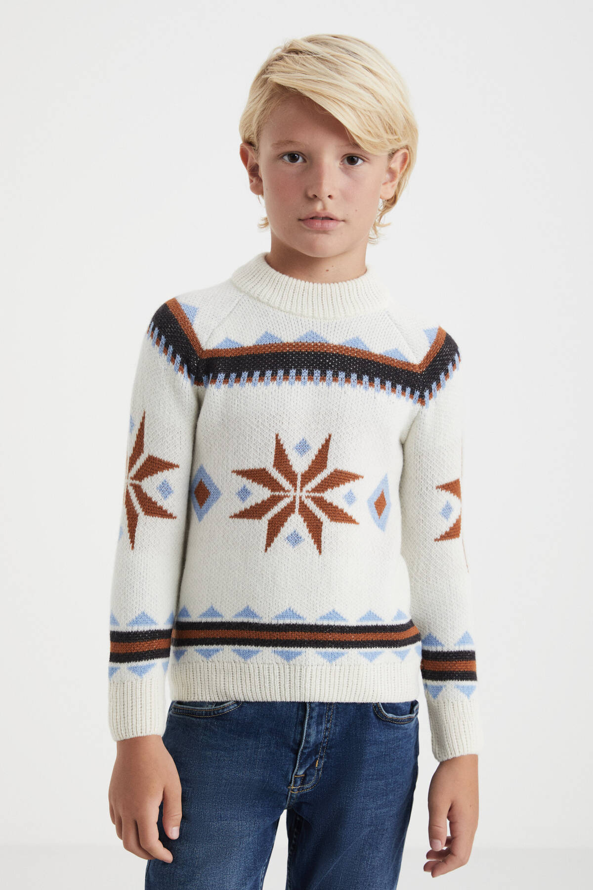 Kaşmir Yün Karışım Yarım Balıkçı Kar Desen Ekru Çocuk Kazak