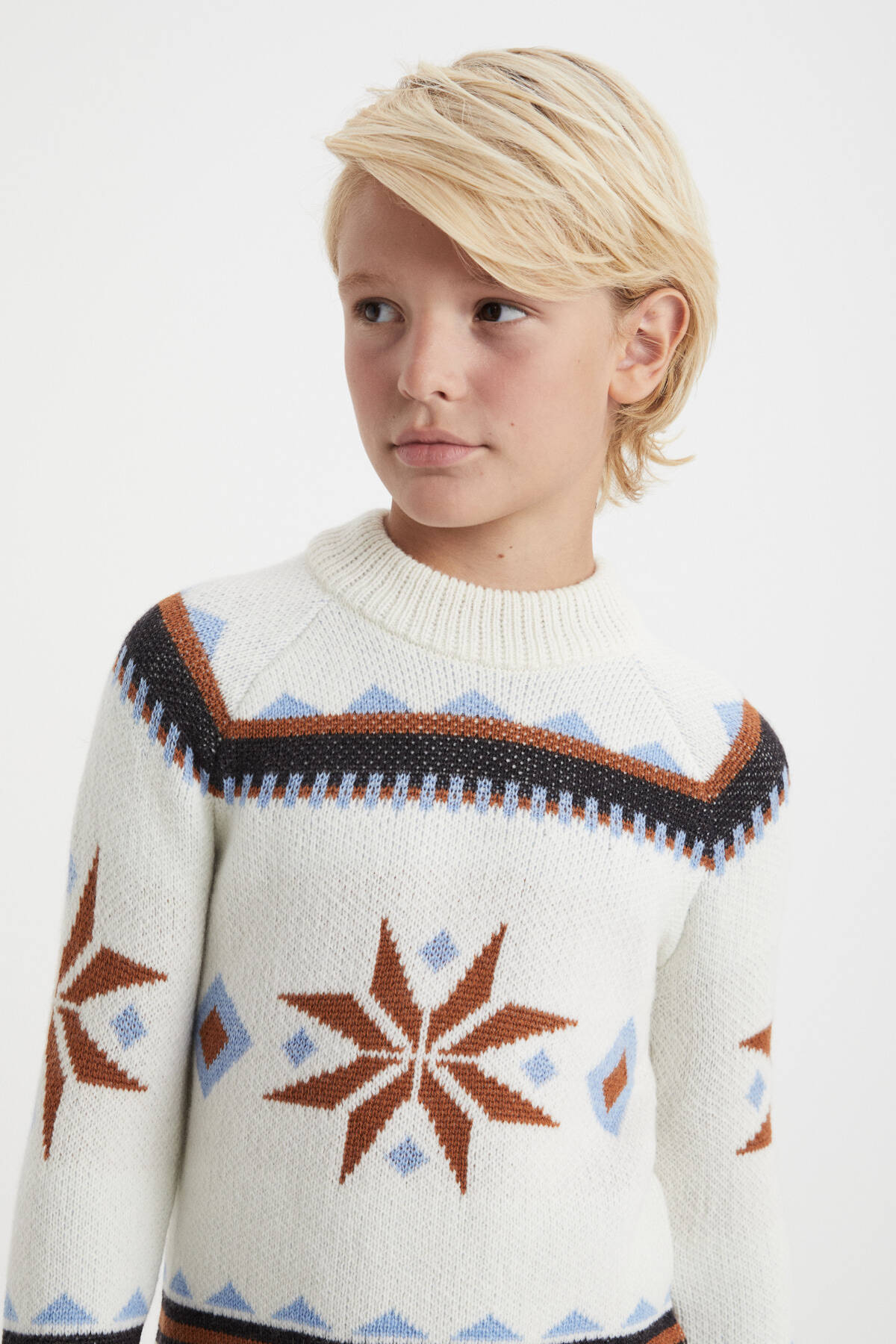 Kaşmir Yün Karışım Yarım Balıkçı Kar Desen Ekru Çocuk Kazak