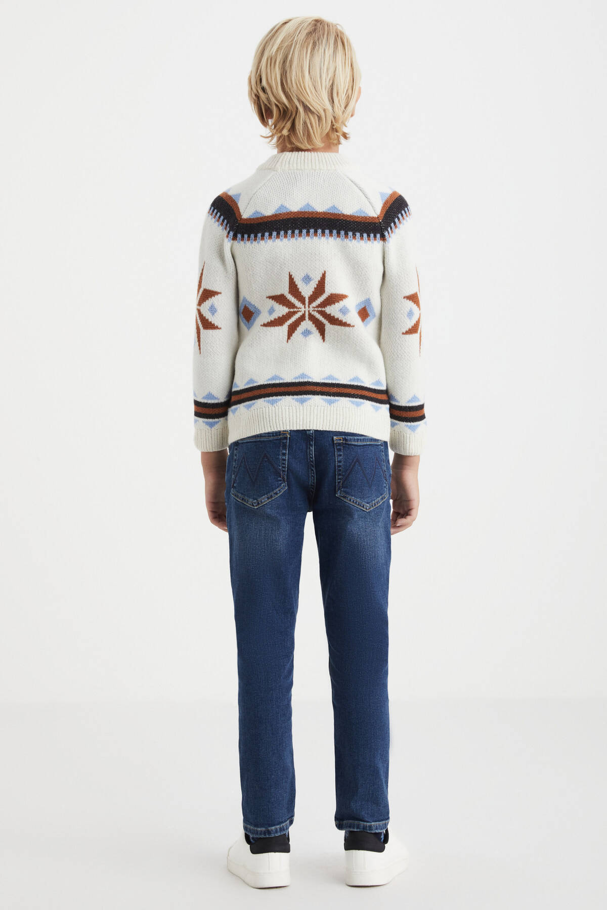 Kaşmir Yün Karışım Yarım Balıkçı Kar Desen Ekru Çocuk Kazak