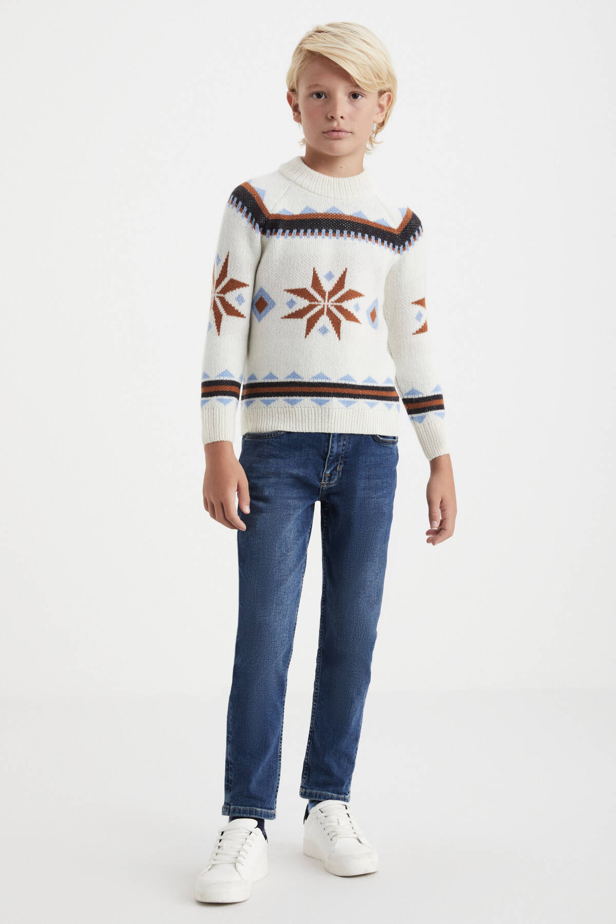 Kaşmir Yün Karışım Yarım Balıkçı Kar Desen Ekru Çocuk Kazak