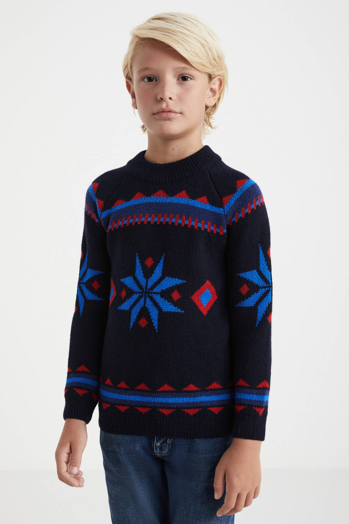 Kaşmir Yün Karışım Yarım Balıkçı Kar Desen Lacivert Çocuk Kazak