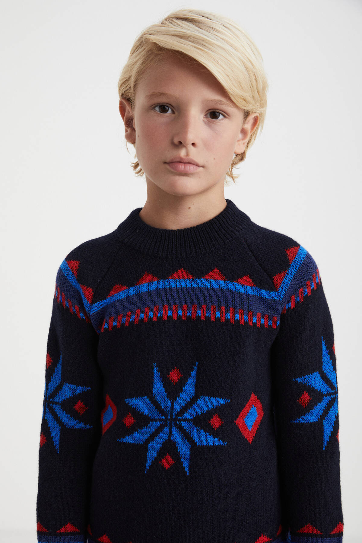 Kaşmir Yün Karışım Yarım Balıkçı Kar Desen Lacivert Çocuk Kazak