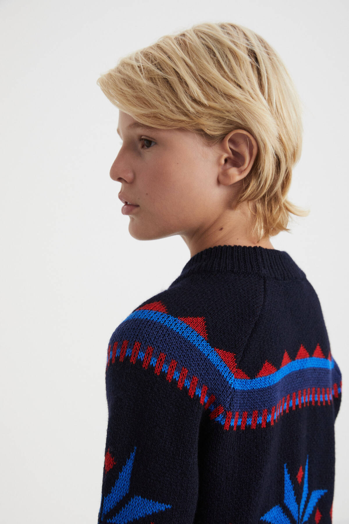 Kaşmir Yün Karışım Yarım Balıkçı Kar Desen Lacivert Çocuk Kazak