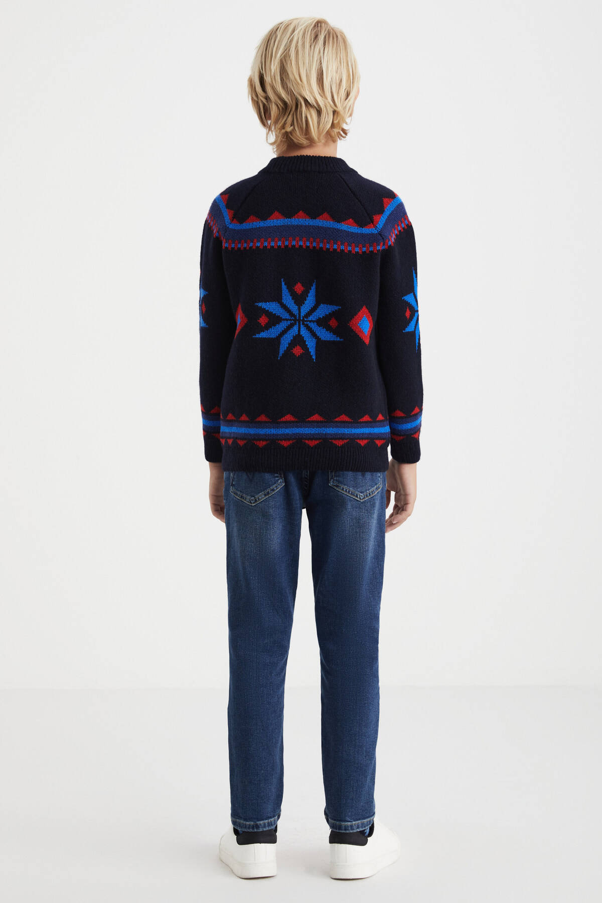 Kaşmir Yün Karışım Yarım Balıkçı Kar Desen Lacivert Çocuk Kazak