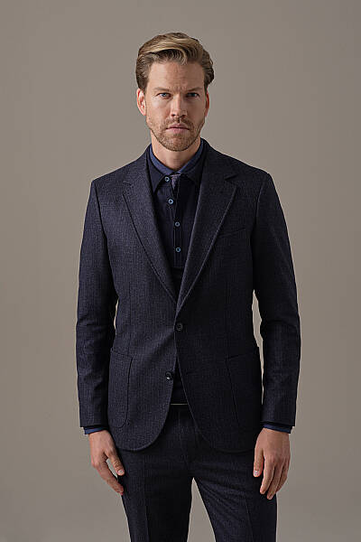 Kaşmir Yün Kırçıl Desen Koyu Lacivert Blazer Ceket