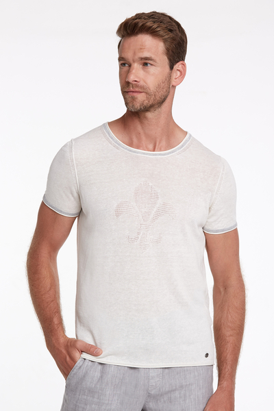 Keten Karışımlı Bisiklet Yaka Kırık Beyaz Triko T-Shirt