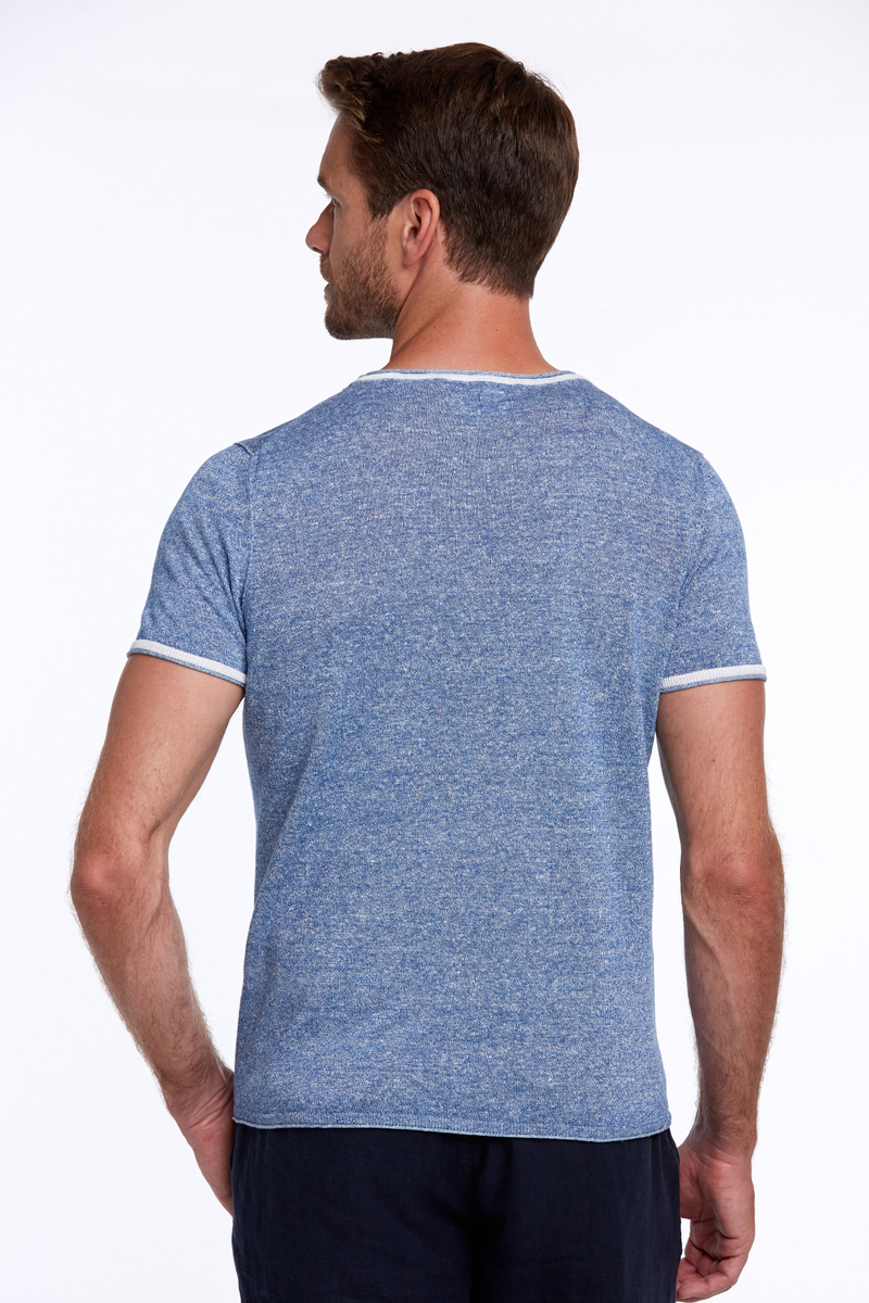 Hemington Keten Karışımlı Bisiklet Yaka Mavi Triko T-Shirt. 4