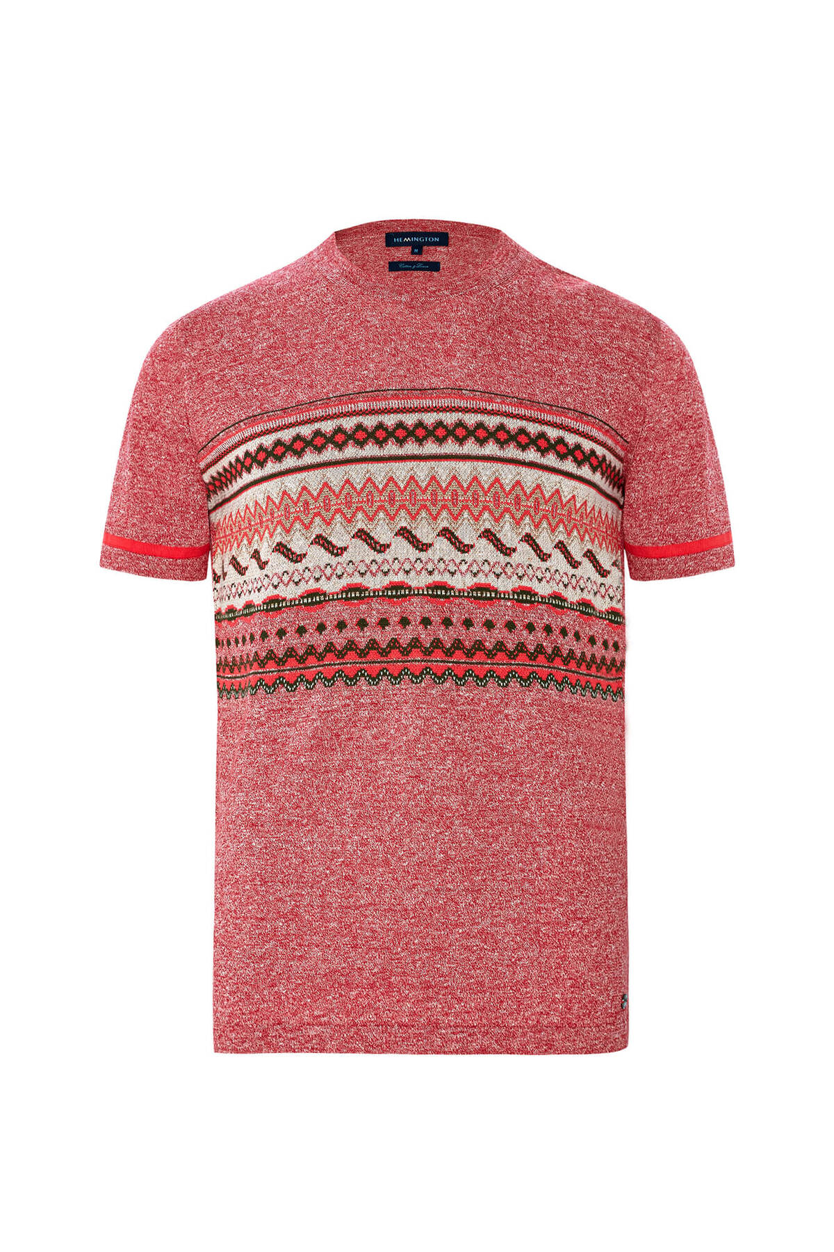 Keten Pamuk Karışım Etnik Desen Bordo Triko T-Shirt