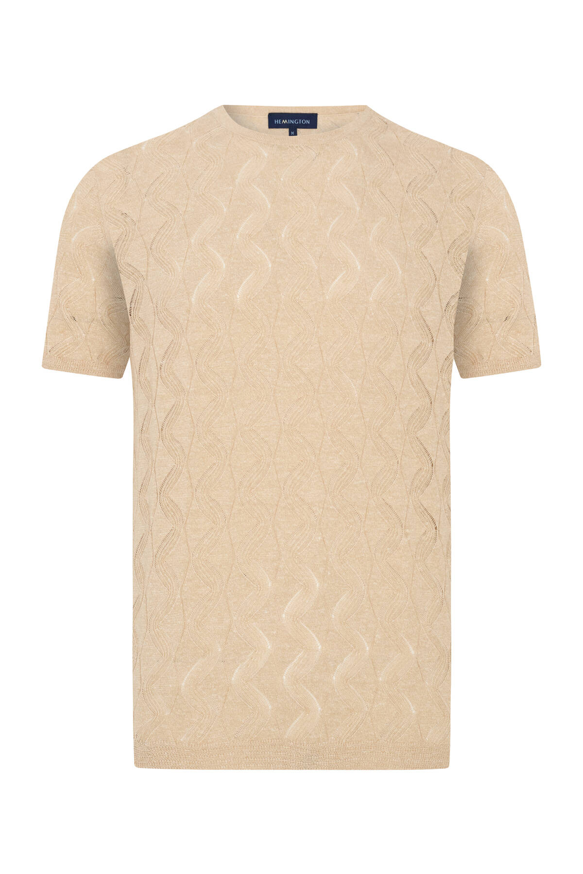 Keten Pamuk Ajur Desen Bisiklet Yaka Krem Rengi Triko T-Shirt