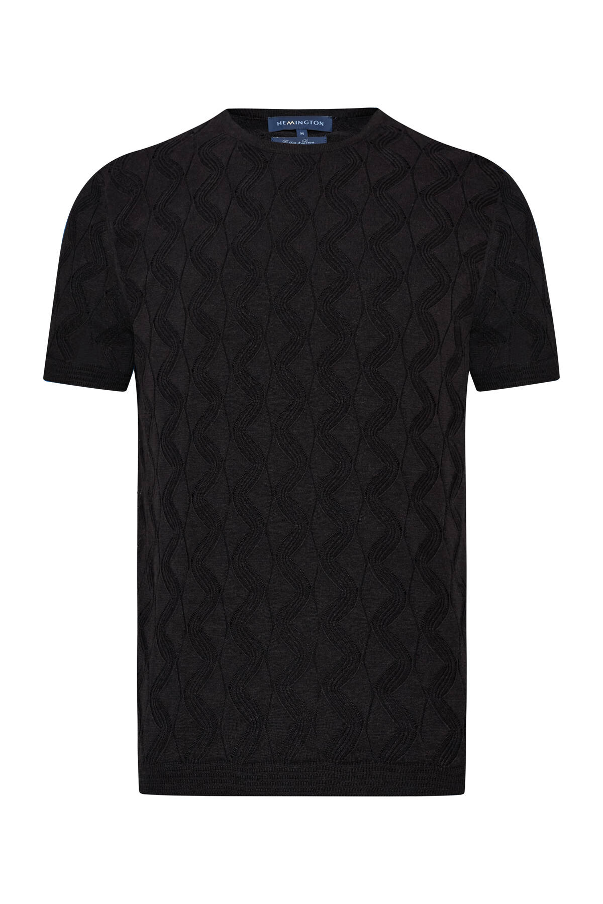 Keten Pamuk Ajur Desen Bisiklet Yaka Siyah Triko T-Shirt