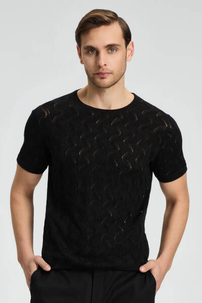 Keten Pamuk Ajur Desen Bisiklet Yaka Siyah Triko T-Shirt - Hemington