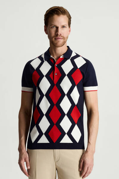 Lacivert Kırmızı Argyle Desen Triko Polo - Hemington