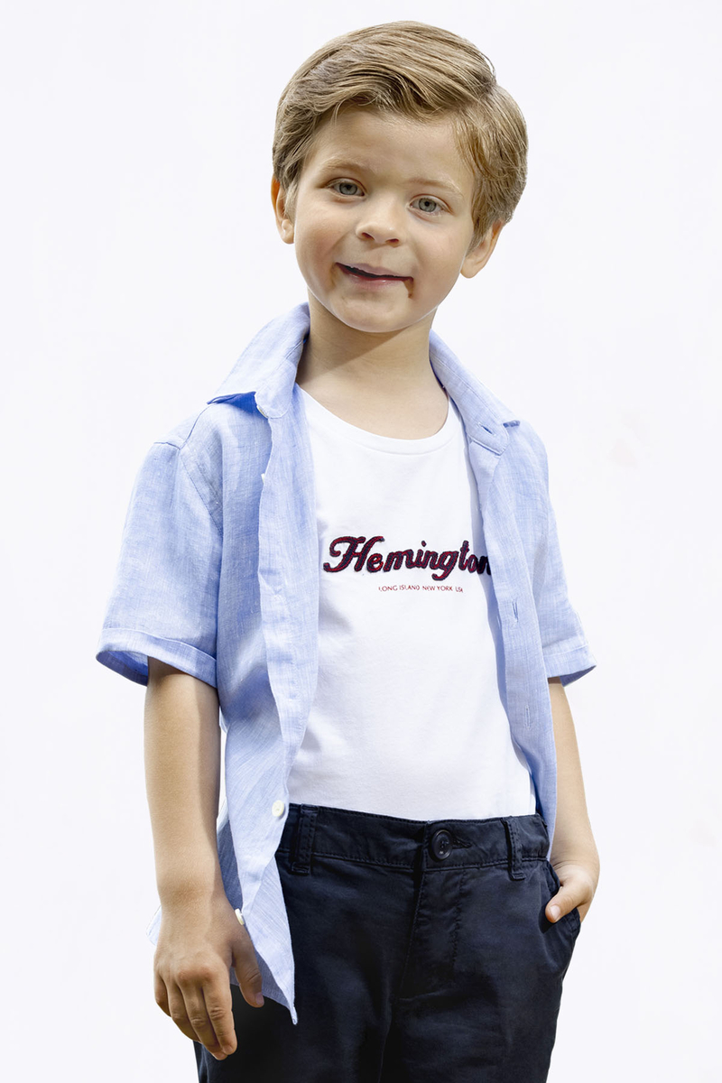 Hemington Kısa Kollu Mavi Saf Keten Çocuk Gömlek. 3