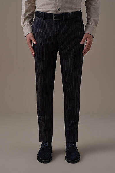 Lacivert Beyaz Chalkstripe Desen Flanel Pantolon - Hemington