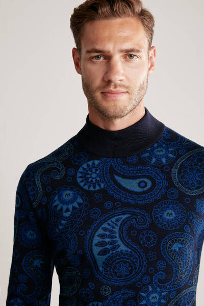 Paisley Desen Extrafine Merino Yarım Balıkçı Yaka Lacivert Triko