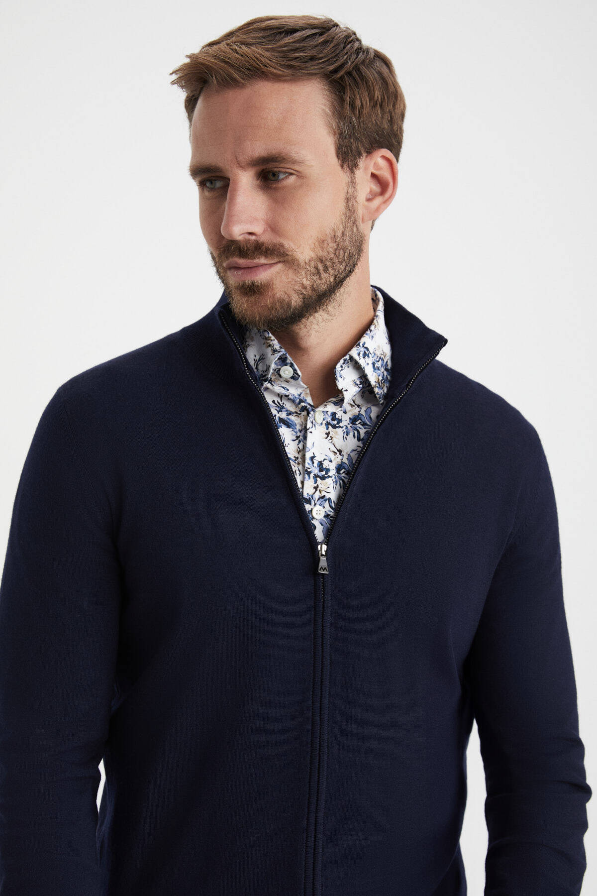 Extrafine Merino Fermuarlı Lacivert Triko Hırka
