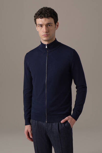 Extrafine Merino Fermuarlı Lacivert Triko Hırka - Hemington