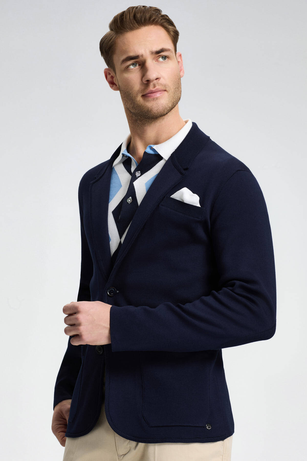 Lacivert Giza Pamuk Triko Blazer Ceket