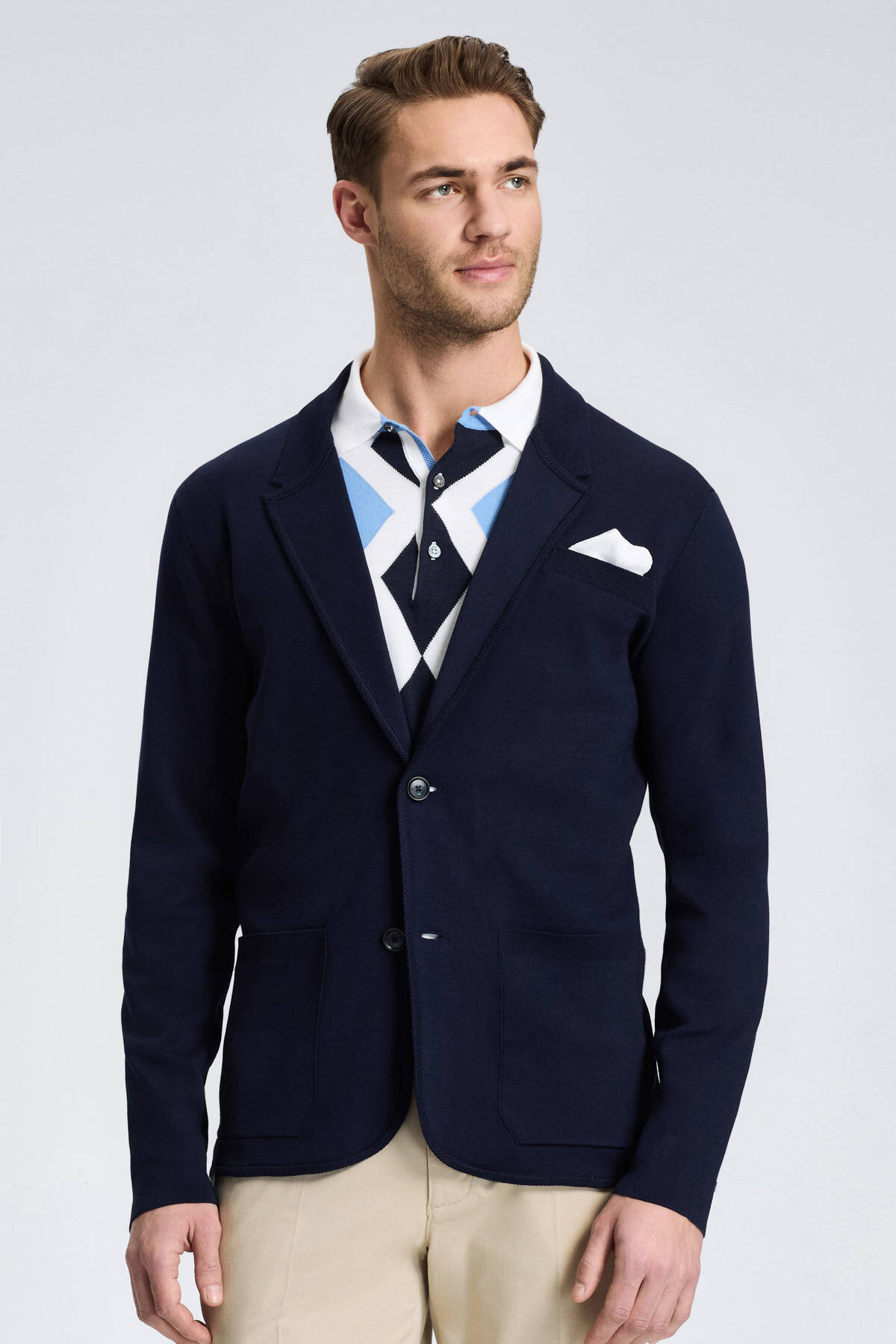 Lacivert Giza Pamuk Triko Blazer Ceket