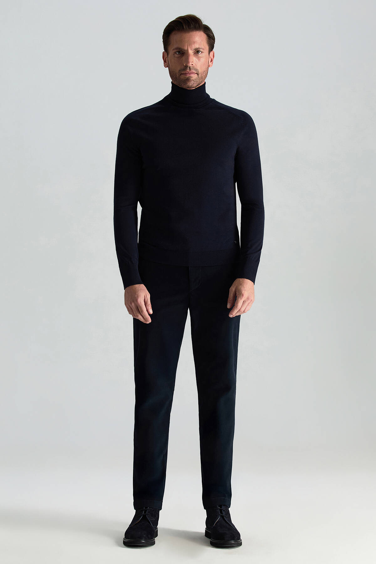 Boğazlı Slim Fit Lacivert Merino Yün Triko