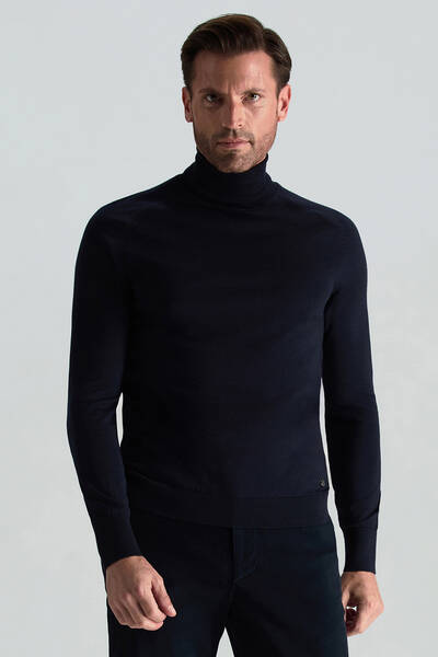 Boğazlı Slim Fit Lacivert Merino Yün Triko - Hemington