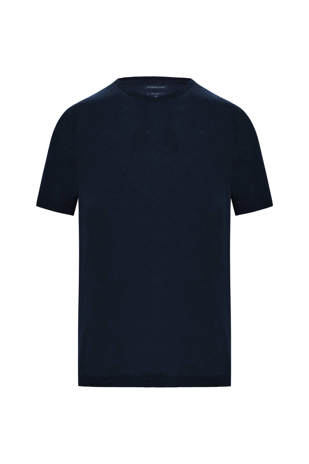 Saf Keten Lacivert Bisiklet Yaka T-Shirt