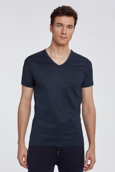 V Yaka Lacivert Basic T-Shirt - Hemington