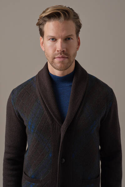 Lambswool Merino Yün Tartan Desen Kahverengi Triko Hırka - Hemington