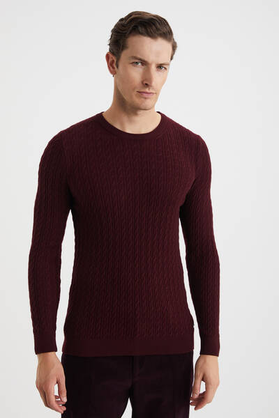 Saç Örgü Desen Lambswool Bordo Kazak
