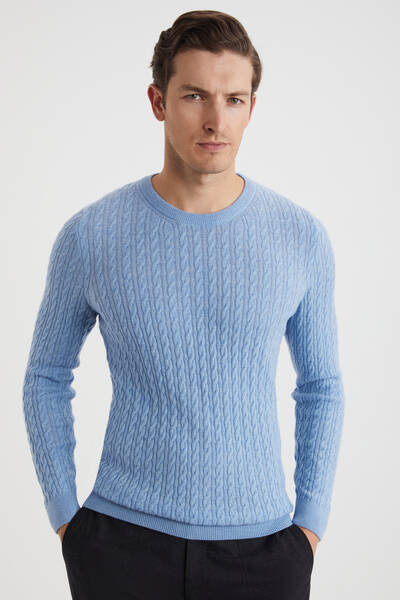 Saç Örgü Desen Lambswool Buz Mavisi Kazak