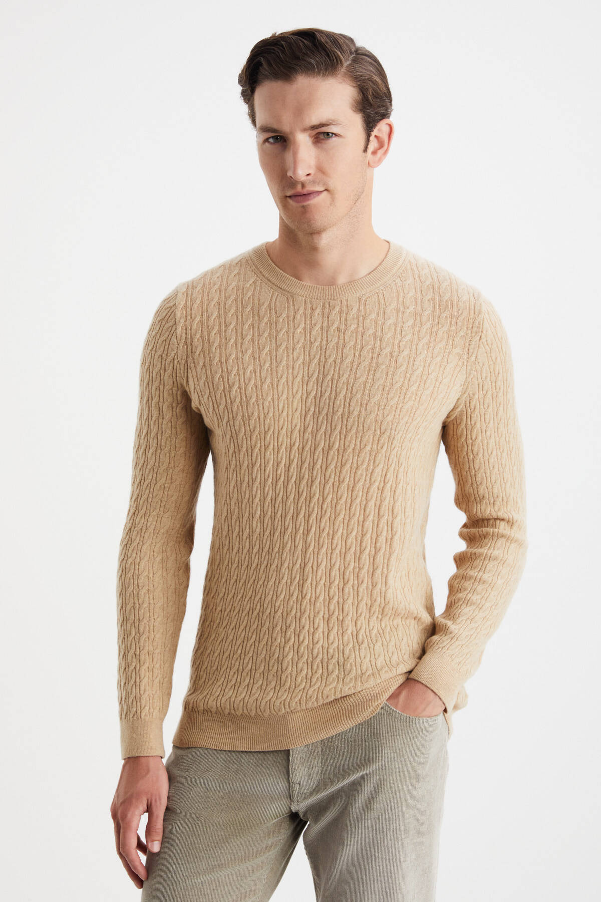 Saç Örgü Desen Lambswool Camel Kazak