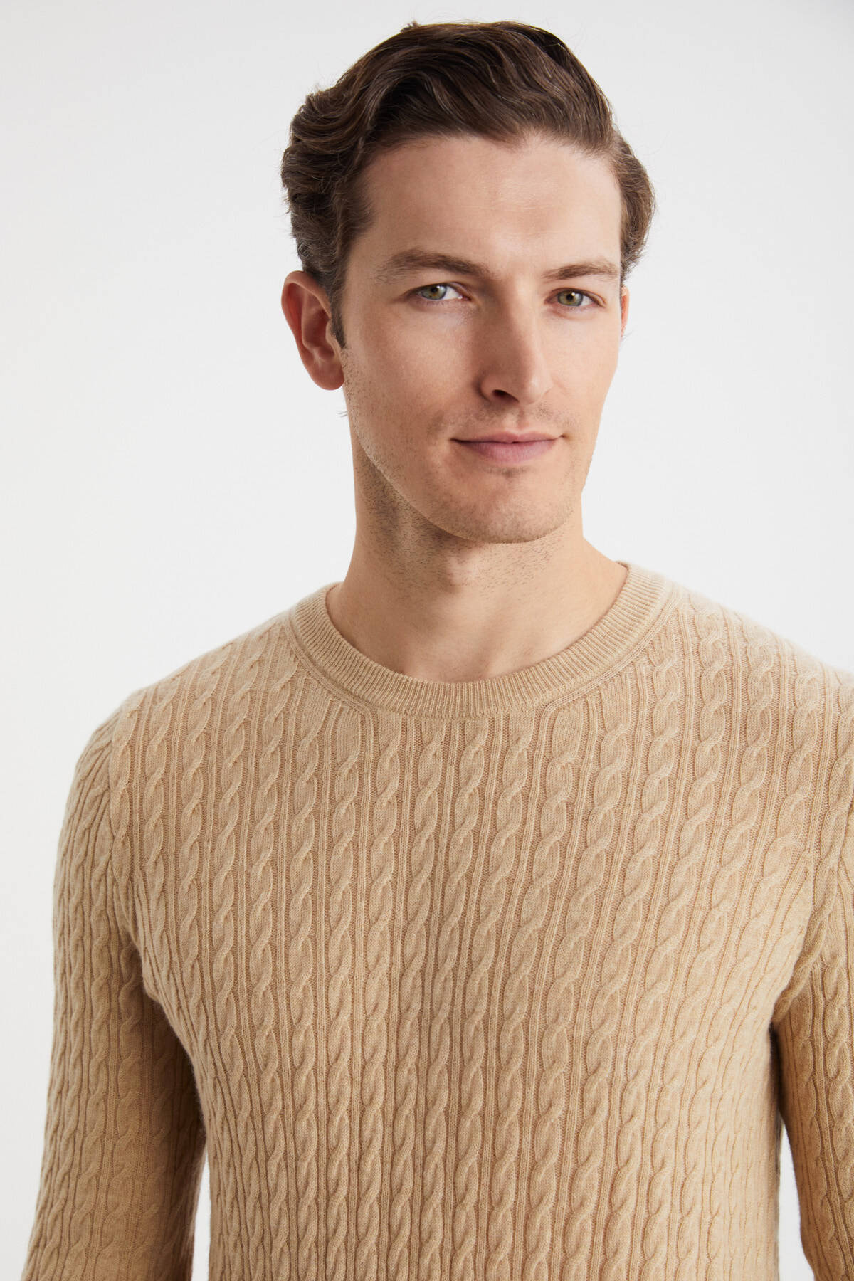 Saç Örgü Desen Lambswool Camel Kazak
