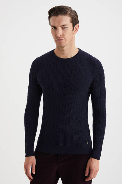 Saç Örgü Desen Lambswool Lacivert Kazak