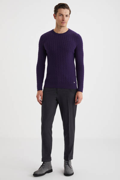 Saç Örgü Desen Lambswool Mor Kazak - Hemington